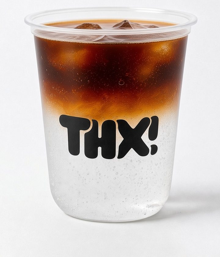 Iced espresso tonic in a clear thx! cup, dark espresso layered over sparkling tonic