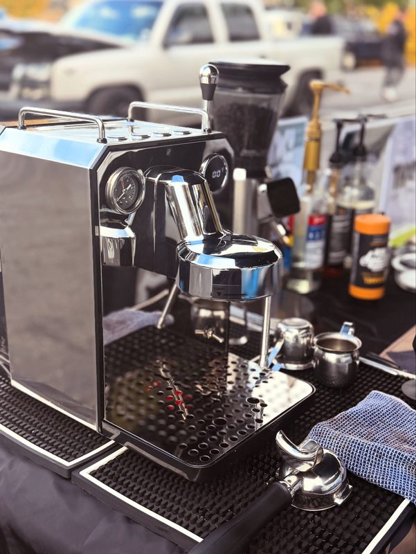 Our stainless espresso machine set up outdoors at a pop-up